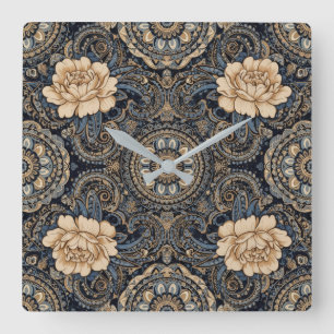 Relógio Quadrado Aria Grace Midnight Blue Peony Paisley Wall Clock