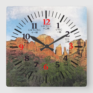 Relógio Quadrado Arizona de Catedral Rock Sedona em Japonês/Inglês