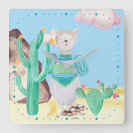 Relógio Quadrado Arizona Deserto LIama Cactus Flores Natureza