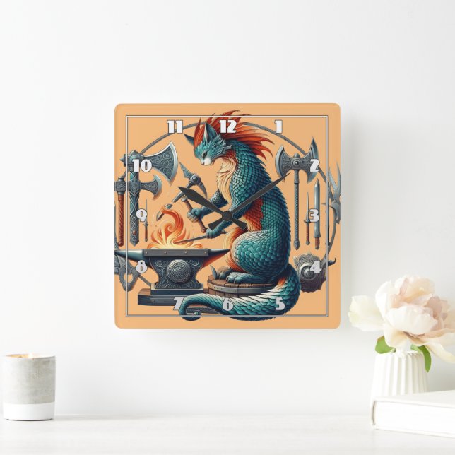 Relógio Quadrado Armas forjadoras de Gatos em uma bigorna medieval (Lar)