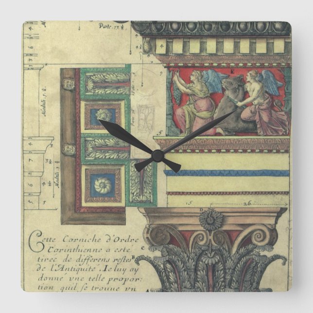 Relógio Quadrado Arquitetura de safra, Coluna com Moldagem de Corni (Frente)