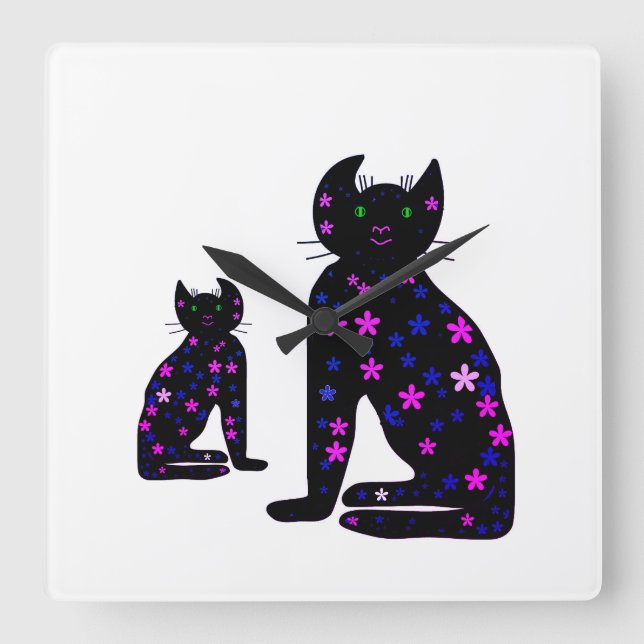 Relógio Quadrado Art, Clipart de Gato Bonito (Frente)