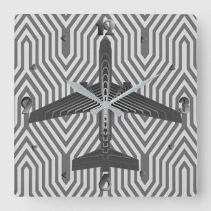 Relógio Quadrado Art Deco Airplane, Graphite and Silver Gray