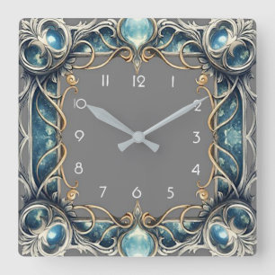 Relógio Quadrado Art Deco Azul