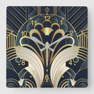 Relógio Quadrado Art Deco, azul e ouro