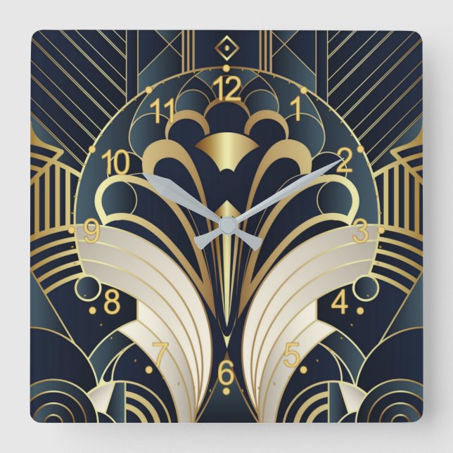 Relógio Quadrado Art Deco, azul e ouro (Frente)