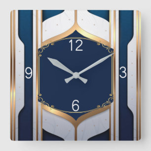 Relógio Quadrado Art Deco, azul e ouro