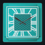 Relógio Quadrado Art Deco, azul teal<br><div class="desc">Art Deco,  azul lacrimogêneo,  relógio de efeito 3d com números brancos - gráficos digitais</div>