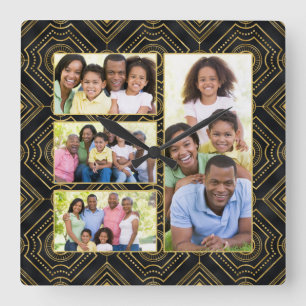 Relógio Quadrado Art Deco Black Black Add Your Family Photo Collage