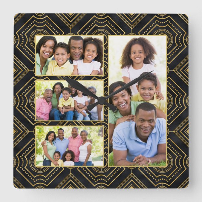 Relógio Quadrado Art Deco Black Black Add Your Family Photo Collage (Frente)