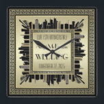 Relógio Quadrado Art Deco Casamento Champagne Dourado Gatsby Glamor<br><div class="desc">Crie o seu próprio design estilo Art Deco, Excelente inspirado em Gatsby, com uma paisagem urbana com um padrão-chave grego em elegante ouro de champanhe e preto. Substitua o texto do exemplo por seu próprio para um presente personalizado. Faz um presente maravilhoso para casamento, aniversário, aniversário, Dia do Pai, promoção,...</div>