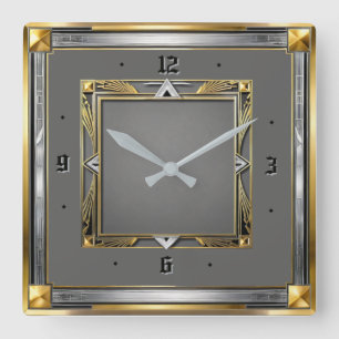 Relógio Quadrado Art Deco Cinza