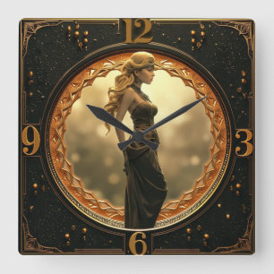 Relógio Quadrado Art Deco com garota fantasia