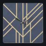 Relógio Quadrado Art Deco design<br><div class="desc">Abstrato geométrica design no estilo Art Deco com decoração de linhas de ouro sobre fundo azul de marinho verde</div>