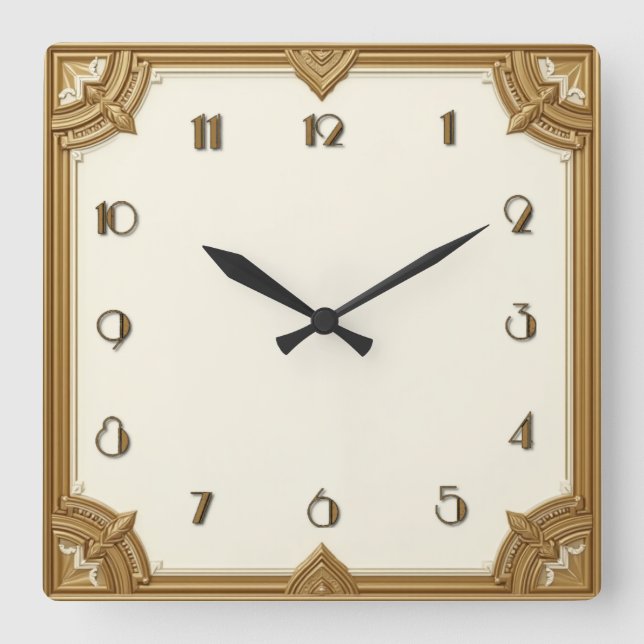 Relógio Quadrado Art Deco Dourado (Frente)