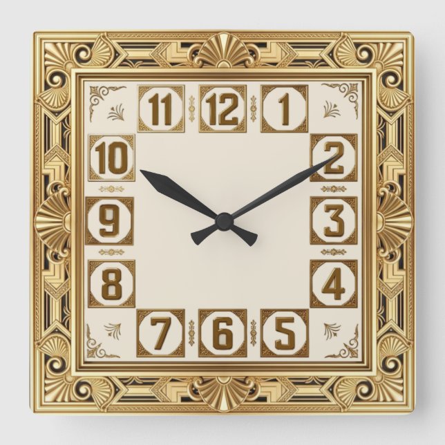 Relógio Quadrado Art Deco Dourado (Frente)