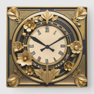 Relógio Quadrado Art Deco Dourado