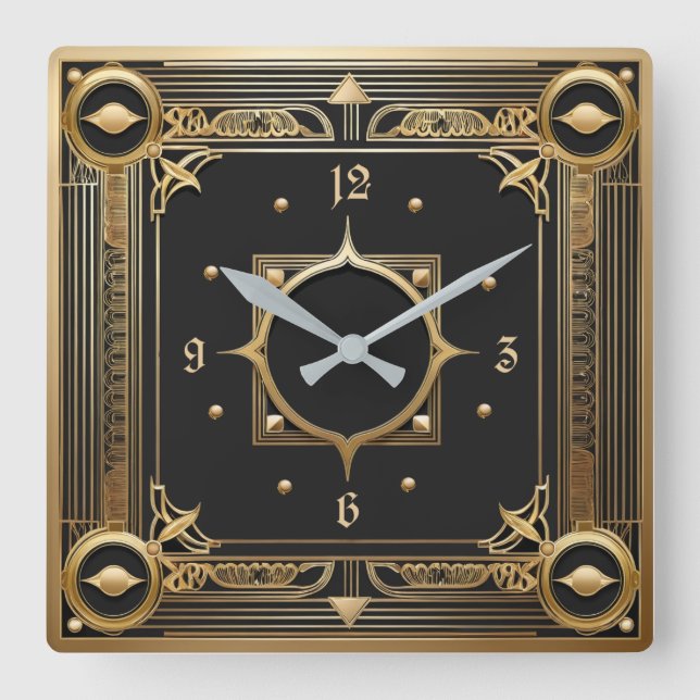 Relógio Quadrado Art Deco Dourado (Frente)