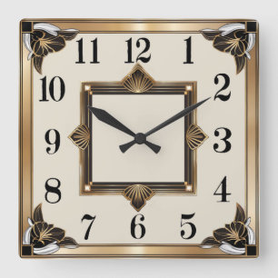 Relógio Quadrado Art Deco Dourado