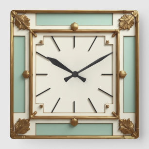 Relógio Quadrado Art Deco Dourado e Menta