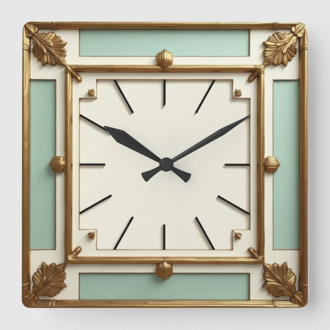 Relógio Quadrado Art Deco Dourado e Menta (Frente)