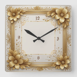 Relógio Quadrado Art Deco Dourado Flor
