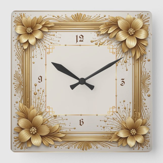Relógio Quadrado Art Deco Dourado Flor (Frente)