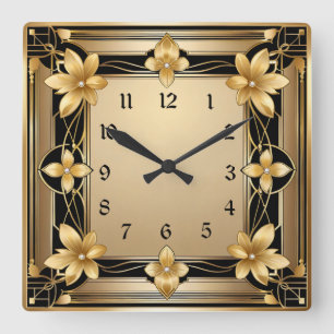 Relógio Quadrado Art Deco Dourado Flor