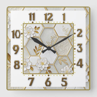 Relógio Quadrado Art Deco Elegante Branco, Dourado e Flores
