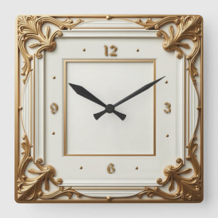 Relógio Quadrado Art Deco Elegante Branco e Dourado