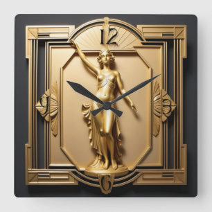 Relógio Quadrado Art Deco Elegante Dourado