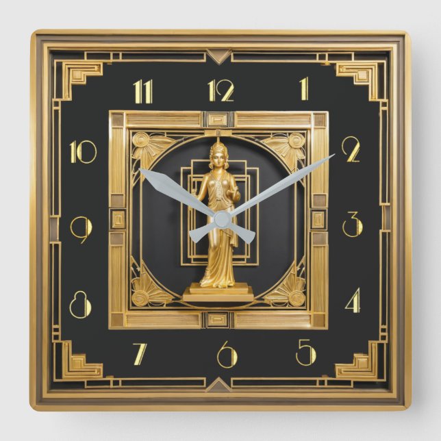 Relógio Quadrado Art Deco Elegante Dourado (Frente)