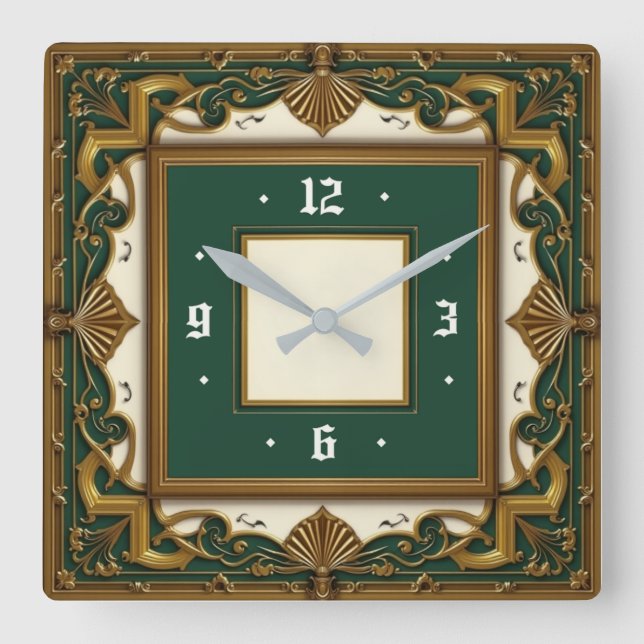 Relógio Quadrado Art Deco Elegante Verde (Frente)