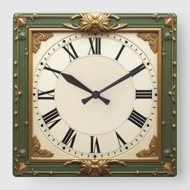 Relógio Quadrado Art Deco Elegante Verde (Frente)