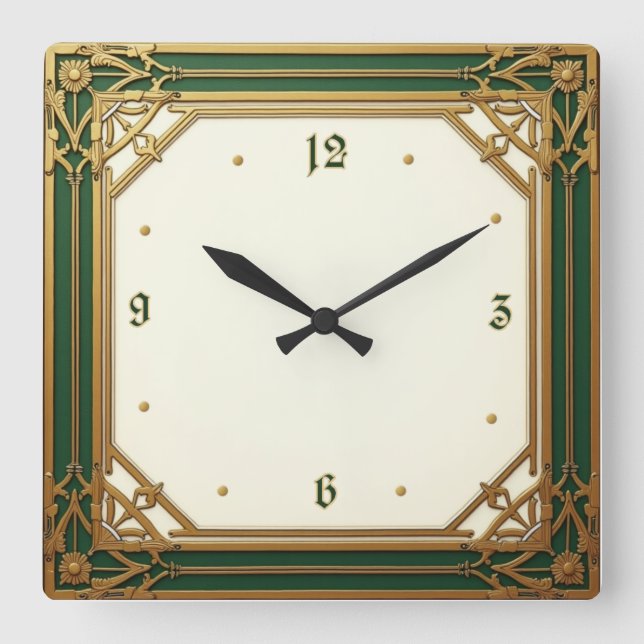 Relógio Quadrado Art Deco Elegante Verde (Frente)