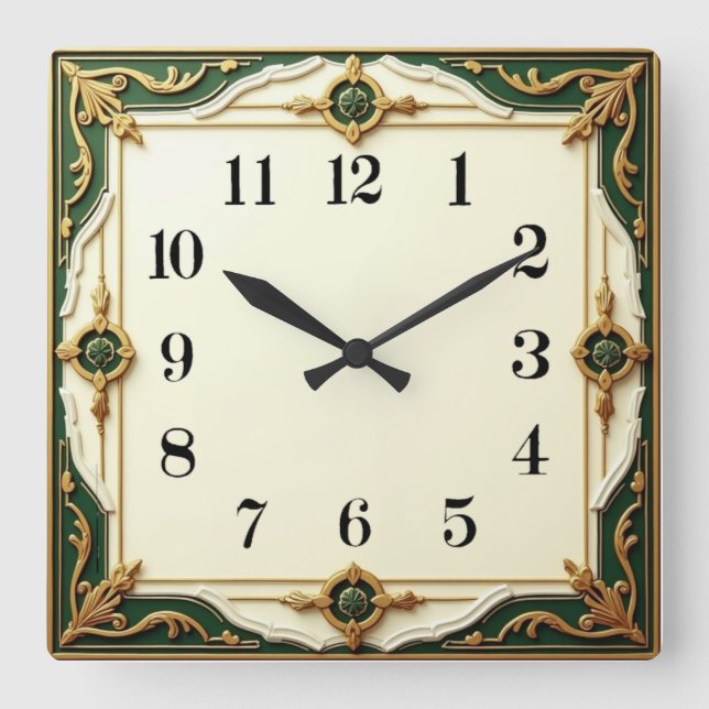Relógio Quadrado Art Déco Elegante Verde (Frente)