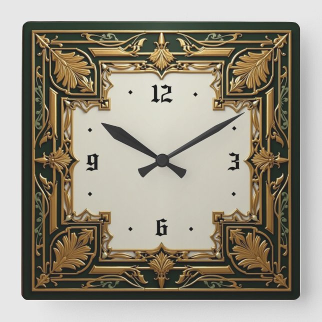 Relógio Quadrado Art Deco Elegante Verde (Frente)