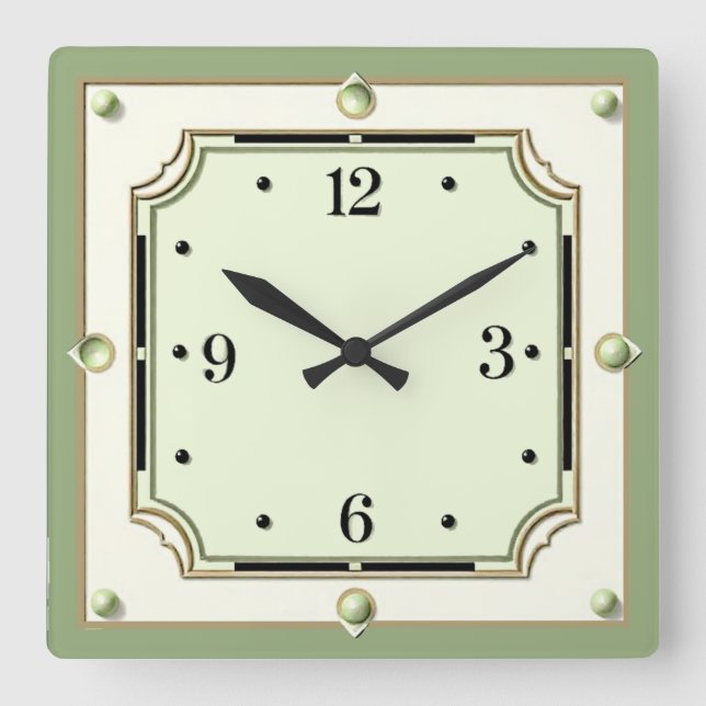 Relógio Quadrado Art Deco Elegante Verde Suave (Frente)
