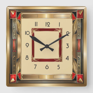 Relógio Quadrado Art Deco elegante vermelho e ouro