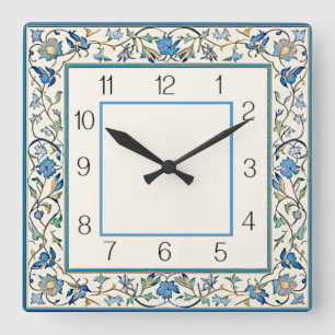 Relógio Quadrado Art Deco Flor Azul