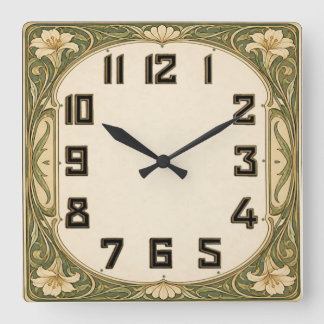 Relógio Quadrado Art Deco Floral Verde