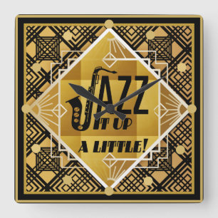 Relógio Quadrado Art Deco JAZZ Xofone Black Dourado Música