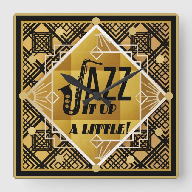 Relógio Quadrado Art Deco JAZZ Xofone Black Dourado Música (Frente)