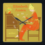 Relógio Quadrado Art Deco Lady Author em Escrevendo Desk em Orange<br><div class="desc">Este relógio de parede quadrado personalizado tem uma aparência antiga de estilos Art Deco. Uma mulher com um vestido laranja senta-se numa mesa de escrevendo com caneta levantada enquanto uma lâmpada brilha ao seu lado. O fundo é ouro escuro. A mulher parece ser do século XIX ou início do 20....</div>