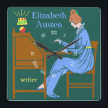 Relógio Quadrado Art Deco Lady Author na mesa de Escrevendo em azul<br><div class="desc">Este relógio de parede quadrado personalizado tem uma aparência vintage de estêncil Art Deco. Uma mulher de vestido azul senta-se numa mesa de escrevendo com caneta levantada enquanto uma lâmpada brilha ao lado dela. O fundo está escuro. A mulher parece ser do século XIX ou 20. A design tem um...</div>