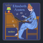 Relógio Quadrado Art Deco Lady Author na mesa de Escrevendo em azul<br><div class="desc">Este relógio de parede quadrado personalizado tem uma aparência antiga de estilos Art Deco. Uma mulher com um vestido azul fica em uma mesa de escrevendo com caneta levantada enquanto uma lâmpada brilha ao lado dela. O fundo é azul escuro. A mulher parece ser do século XIX ou início do...</div>