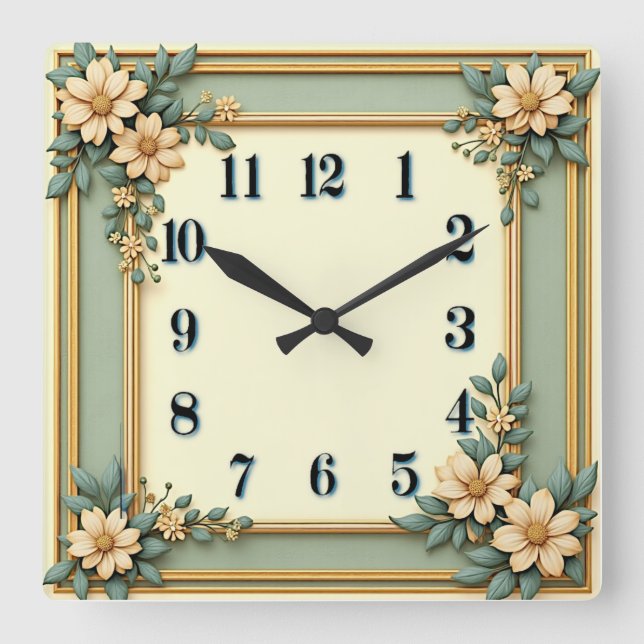 Relógio Quadrado Art Deco Mint Flower (Frente)