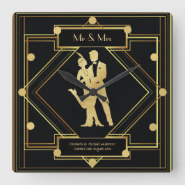 Relógio Quadrado Art Deco Newlyweds Casal Preto Dourado Personaliza