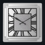 Relógio Quadrado Art Deco, prata escovada<br><div class="desc">Art Deco,  prata escovada,  relógio de efeito 3 d com números pretos - gráficos digitais</div>