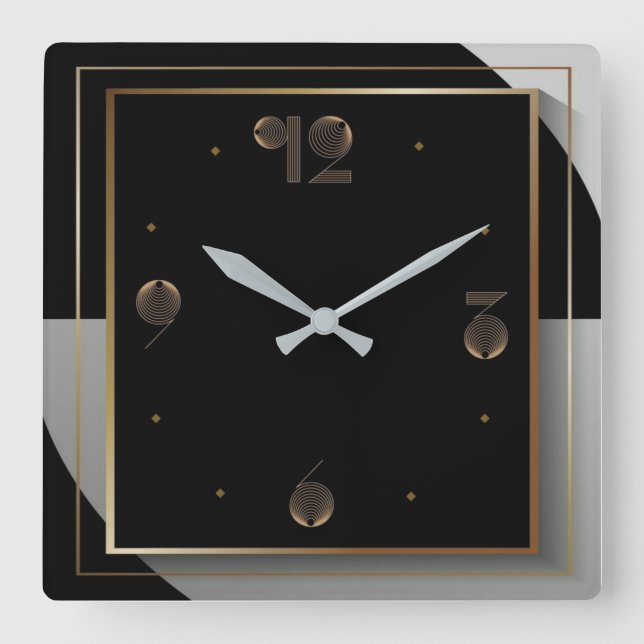 Relógio Quadrado Art Deco Preto e Branco (Frente)